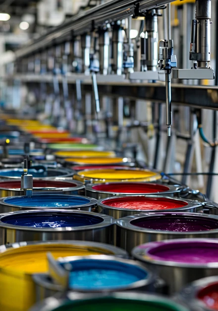 Proceso de envasado de botes de pintura en la fábrica de Pinturas Ferroluz en Cantabria.