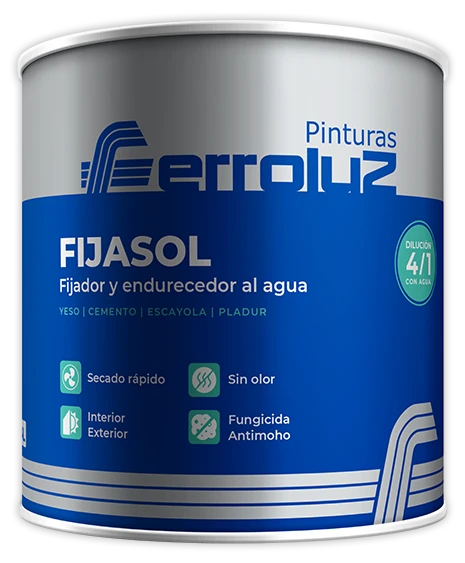 Fijasol al Agua Ferroluz, imprimación fijadora y endurecedora para paredes de yeso, escayola y hormigón.